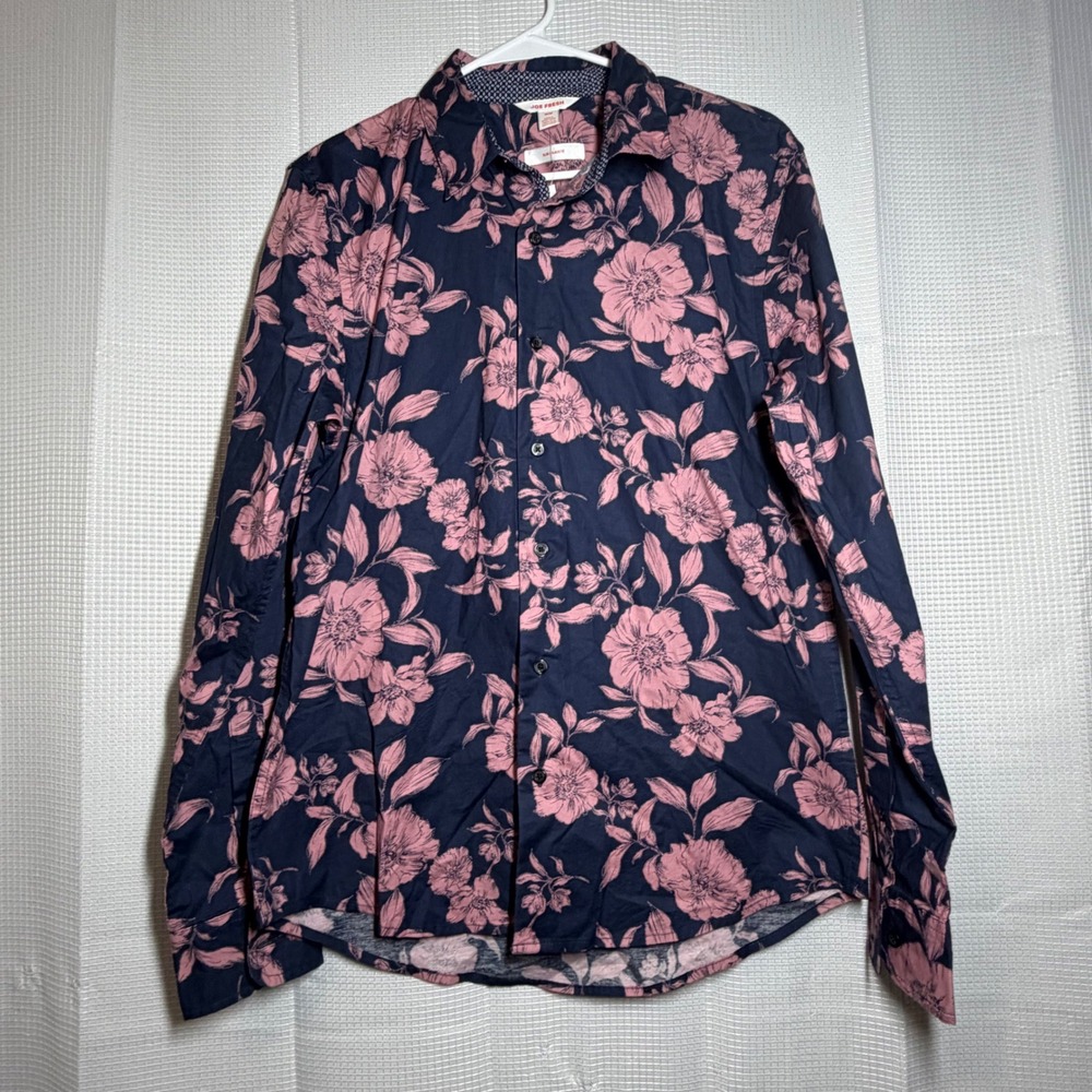 Joe Fresh Button Down Shirt‎ Medium Navy Pink Floral Slim Fit